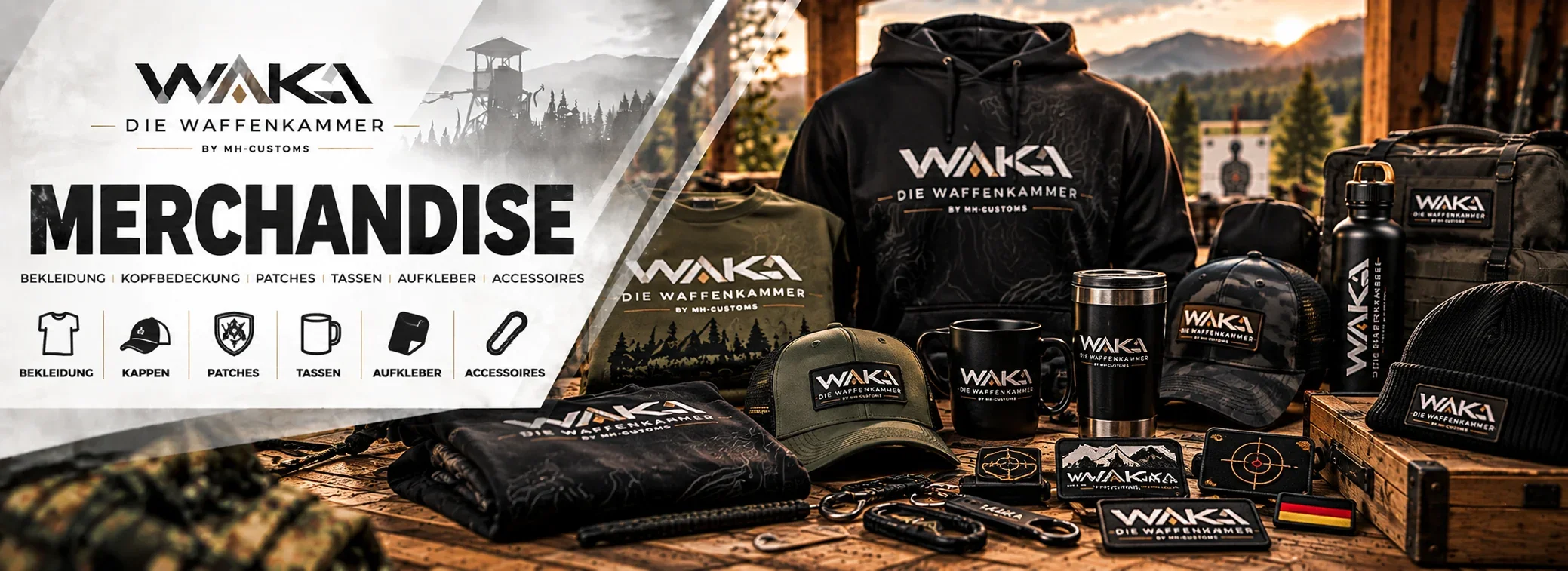 WAKA Merchandise – Hoodies, T-Shirts, Caps, Patches, Tassen und Accessoires im Design von Die Waffenkammer by MH-Customs