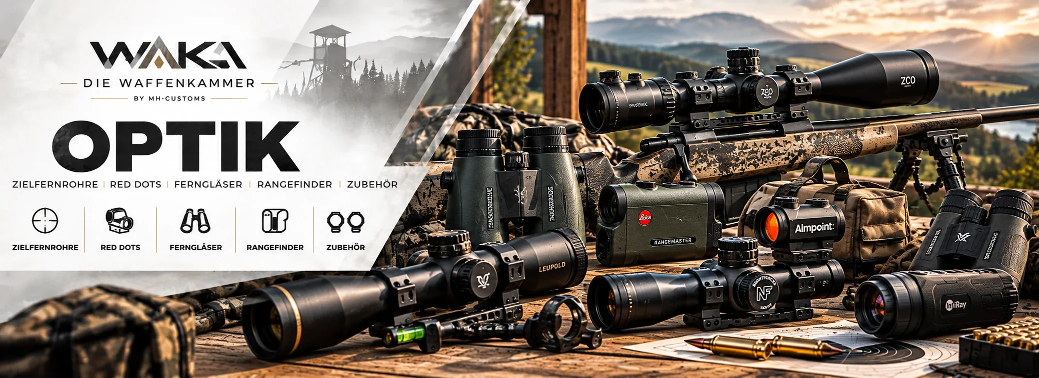 Optik bei WAKA – Zielfernrohre, Rotpunktvisiere, Ferngläser, Entfernungsmesser und Zubehör für Jagd und Schießsport