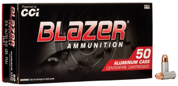 CCI MUNITION .25 AUTO 50GR BLAZER ALUMINIUM FMJ 50/1000