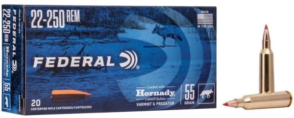 FEDERAL MUNITION .22-250 REM 55GR HORNADY V-MAX 20/200